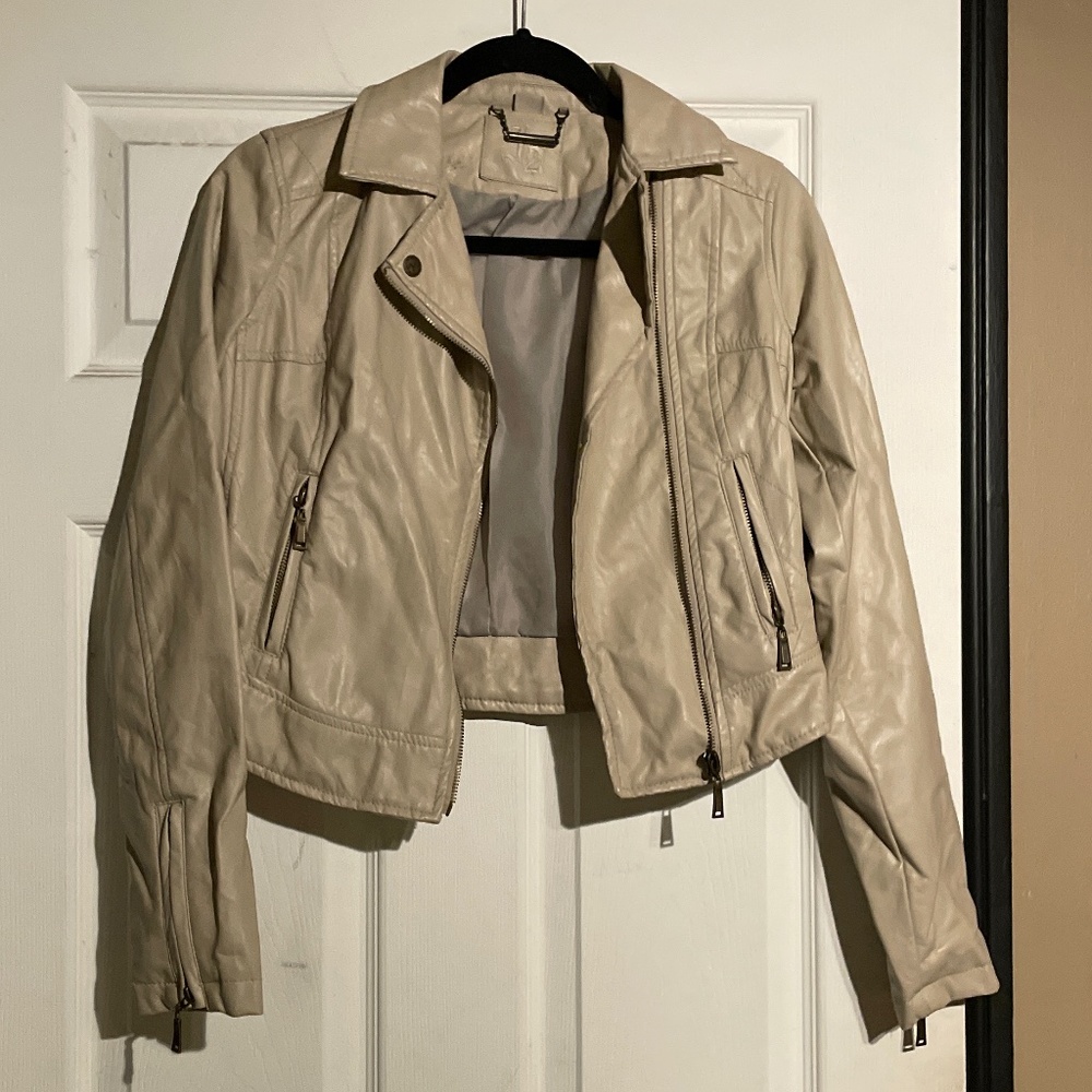 Cream Faux  Moto Leather Jacket